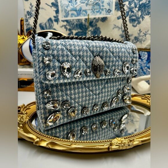 🆕 KURT GEIGER LONDON 🧿 NWOT Blue & White Houndstooth Kensington Bag, Crystals - Picture 4 of 16